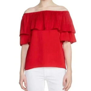 MAJE Locao Off the Shoulder Ruffle Top Size 1 Small Red Boho Satin Festival READ